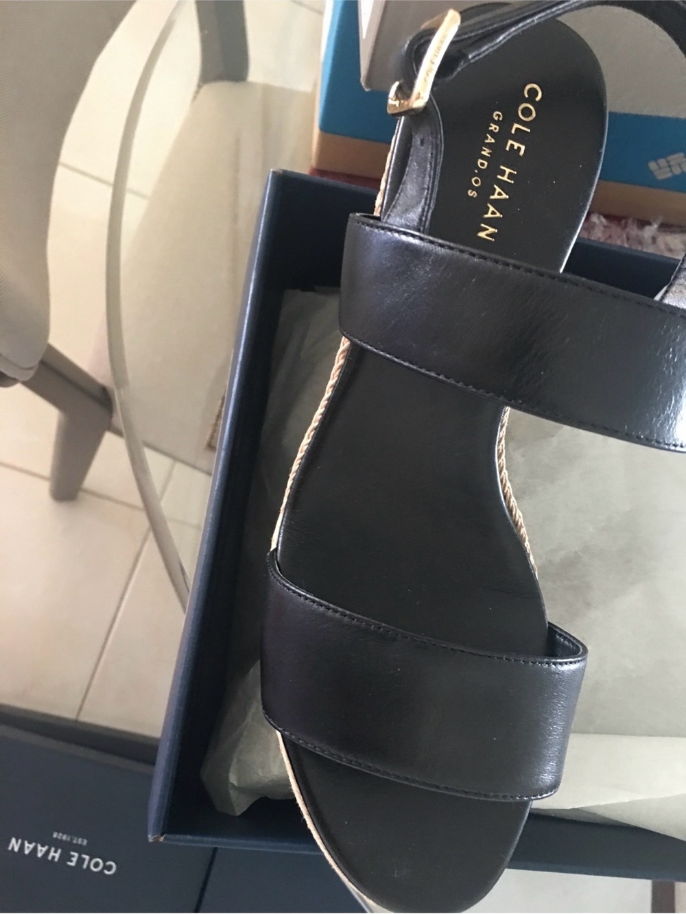 Cole Haan Black Leather Double-Strap Sandals with Ankle Buckle